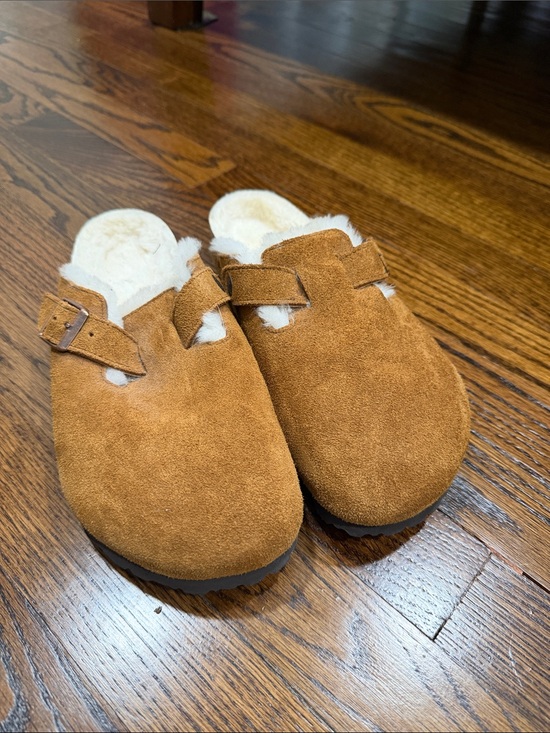 Birkenstock Shoes - Birkenstock Suede Shearling-Lined Clogs in Cognac